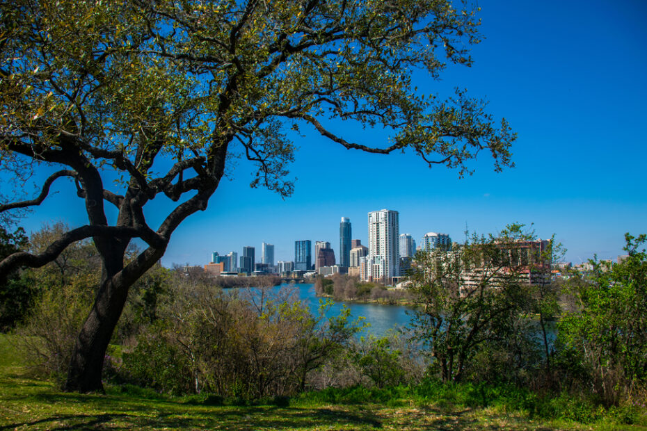 the Travis Heights Overlook in Austin - view of Austin skyline